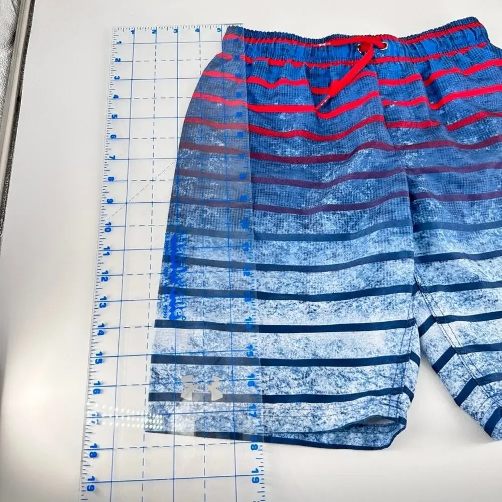 Under Armour Boys Swim Trunks YXL Blue Red Stripe Lined Mesh Shorts